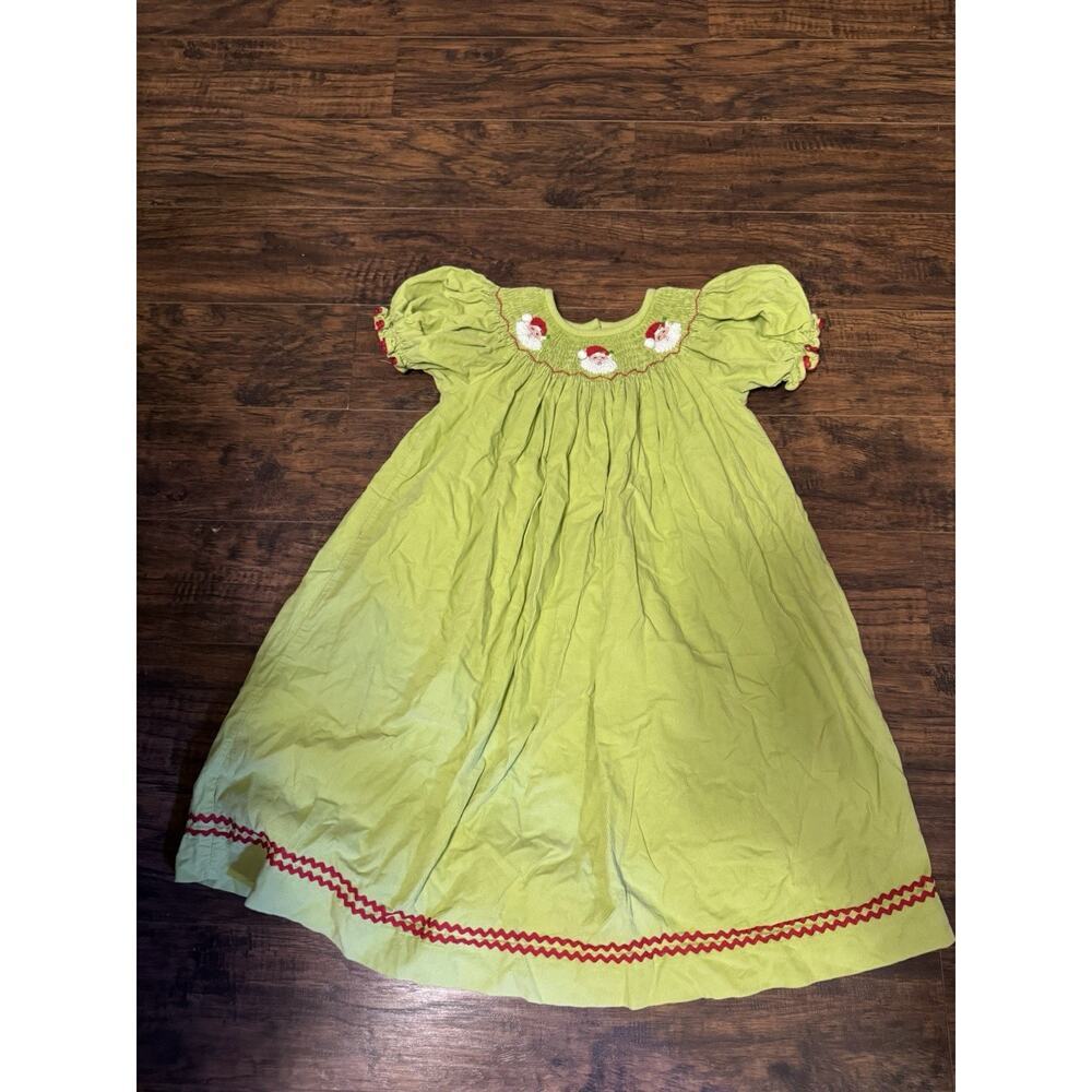 Southern Tots Green Smocked Santa Christmas Dress Sz:6